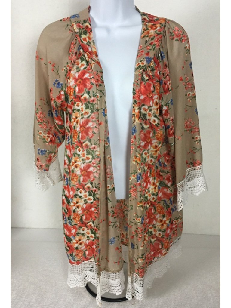 Open Front Cardigan Size M Tan With Orange White Flowers Lace Trim 3/4 Sleeves